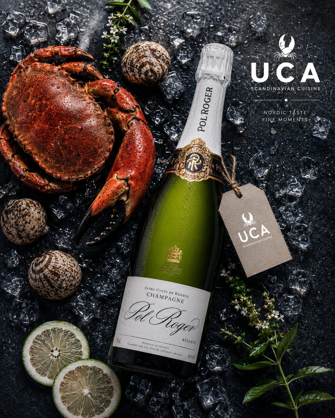 UCA Scandinavian Cuisine — crab, Pol Roger champagne, lime on ice