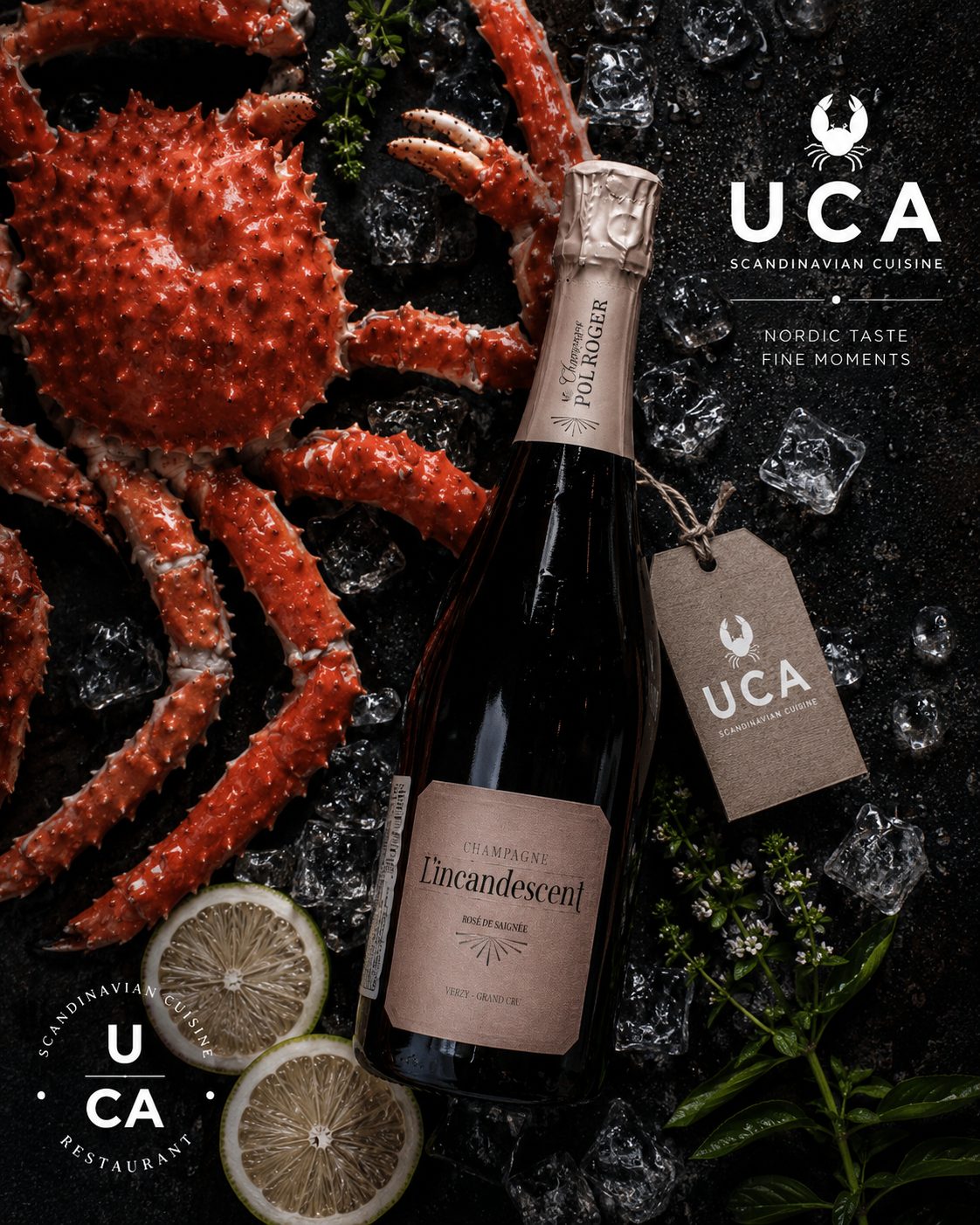 UCA Scandinavian Cuisine — king crab and Pol Roger L'incandescent rosé